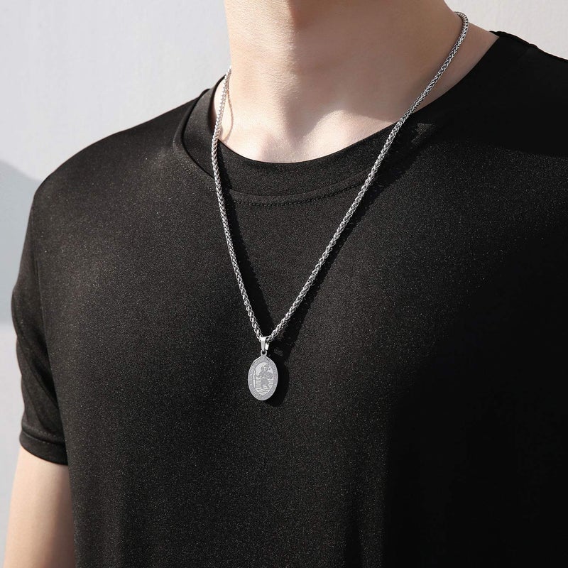 RS Silver St Saint Christopher Medal Necklace for Men Boys Stainless Steel Pendant Chain Catholic Religious Baptism First Communion Confirmation Jewelry Gifts Teen Teenage Him Son - Image 4